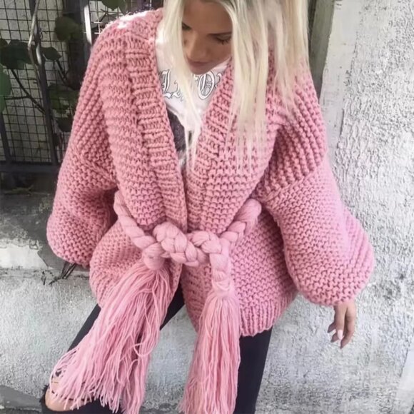 Statement Sweater! chunky knit self tie oversized cardigan - Picture 2 of 8